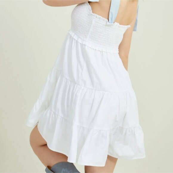 Brodie White Tiered with Blue Shoulder Tie Smocked Mini Dress - Picture 7 of 16